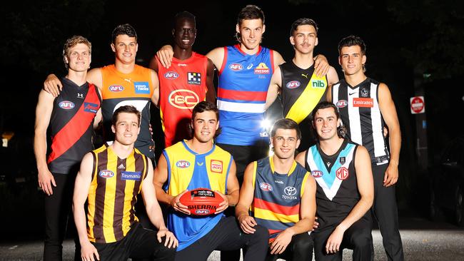 (Back L-R) Ben Hobbs of the Bombers, Finn Callaghan of the Giants, Mac Andrew of the Suns, Sam Darcy of the Bulldogs, Josh Gibcus of the Tigers, Nick Daicos of the Magpies (Front L-R) Josh Ward of the Hawks, Campbell Chesser of the Eagles, Josh Rachele of the Crows and Josh Sinn of the Power. Picture: Mark Stewart