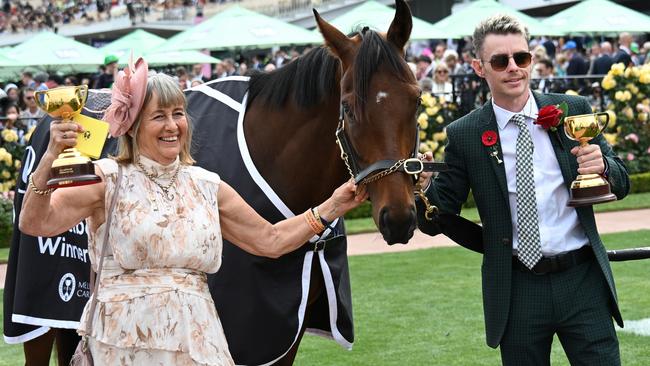 Melbourne Cup-winning co-trainer Sheila Laxon and jockey Robbie Dolan with Knight’s Choice during Champions Day at Flemington last November 9. Picture: Getty Images