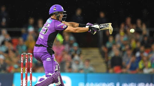 Johan Botha of the Hurricanes breaks his bat as he plays a shot during the Big Bash League (BBL) match between the Brisbane Heat and the Hobart Hurricanes at Metricon Stadium on the Gold Coast. Picture: AAP IMAGE/DAVE HUNT