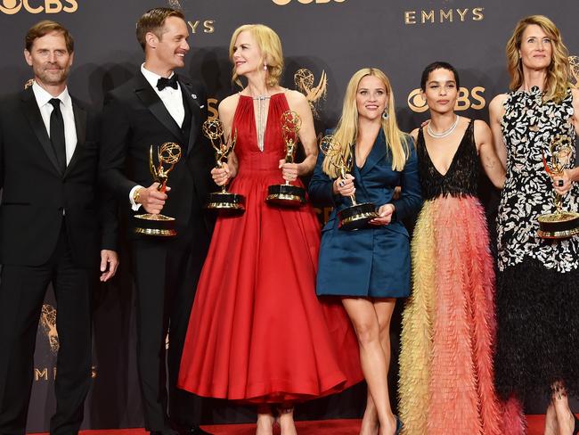 (L-R) Actors Jeffrey Nordling, Alexander Skarsgard, Nicole Kidman, Reese Witherspoon, Zoe Kravitz and Laura Dern, winners of Outstanding Limited Series for Big Little Lies. Picture: Getty