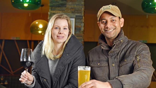 Nicole Carlson and Siddhartha Kaul enjoy a drink at the Strathmore Hotel in the city. Picture: Tom Huntley