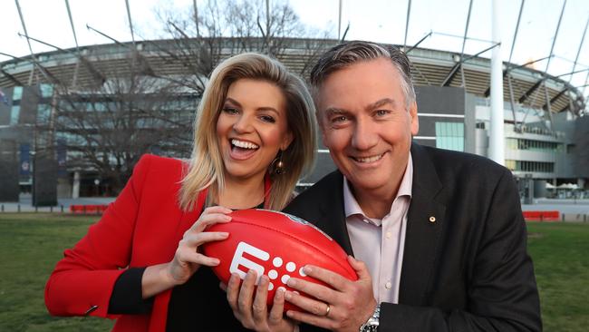 Eddie McGuire and Rebecca Maddern, co-hosts of The Footy Show. Picture: Alex Coppel.