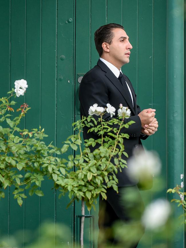 Accused mafia heavyweight Rocco Arico arrives at the funeral. Picture: Jake Nowakowski