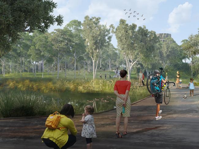 Artist’s impression: Rozelle view east from wetlands for Rozelle Interchange.