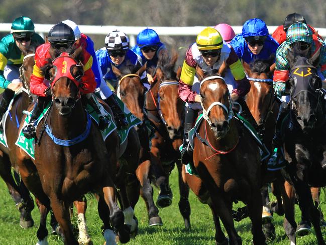 Loving home ridden by Tye Angland  (yellow cap, maroon with yellow armbands) wins race 1 during Scone  Races located in the Upper Hunter Region of NSW. The Bend . Pic Jenny Evans