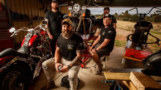 Veterans Aaron Marks, Jake Beers, Jonny Spicer and Damien Barrett at the Black Ops Veterans Garage set up by SA veterans at Evanston Park. Picture: Matt Turner