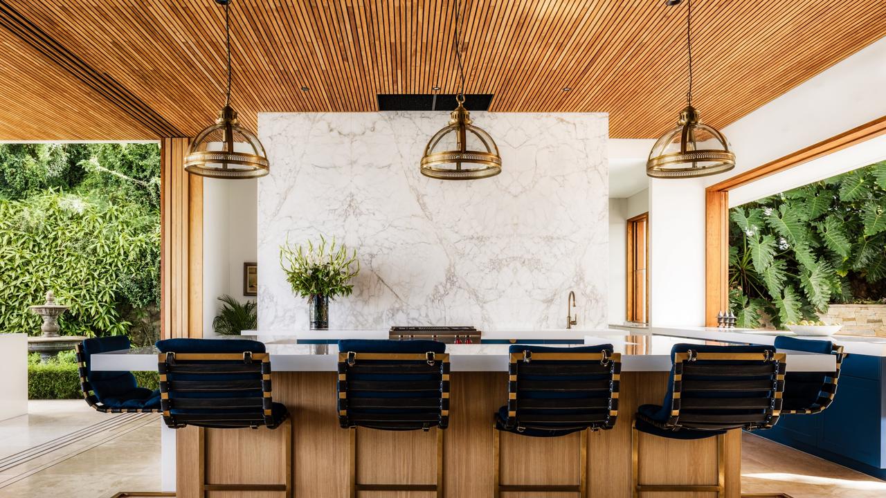 Timber battens line the ceilings of the kitchen at 46 Gordon St, Hawthorne.