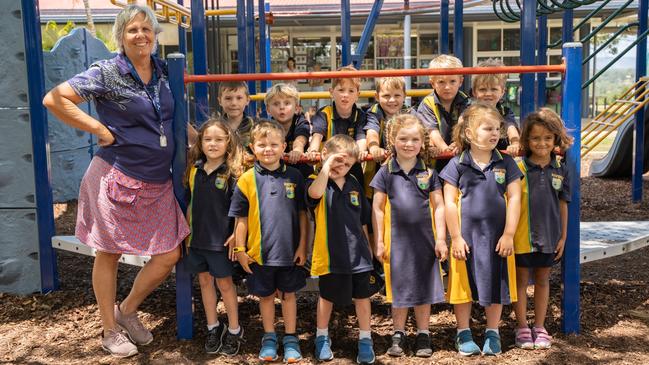 Chatsworth State School Prep 2023 - Back row (L-R): Rosco D, Saxon L, Teddy D, Zack B, Miles M, Jackson H.<br/>Front row: Mrs Thea Politanski (teacher), Gabriella S, Lincon U, Ryder B, Ella C, Jade R, Layla V. Picture: Christine Schindler