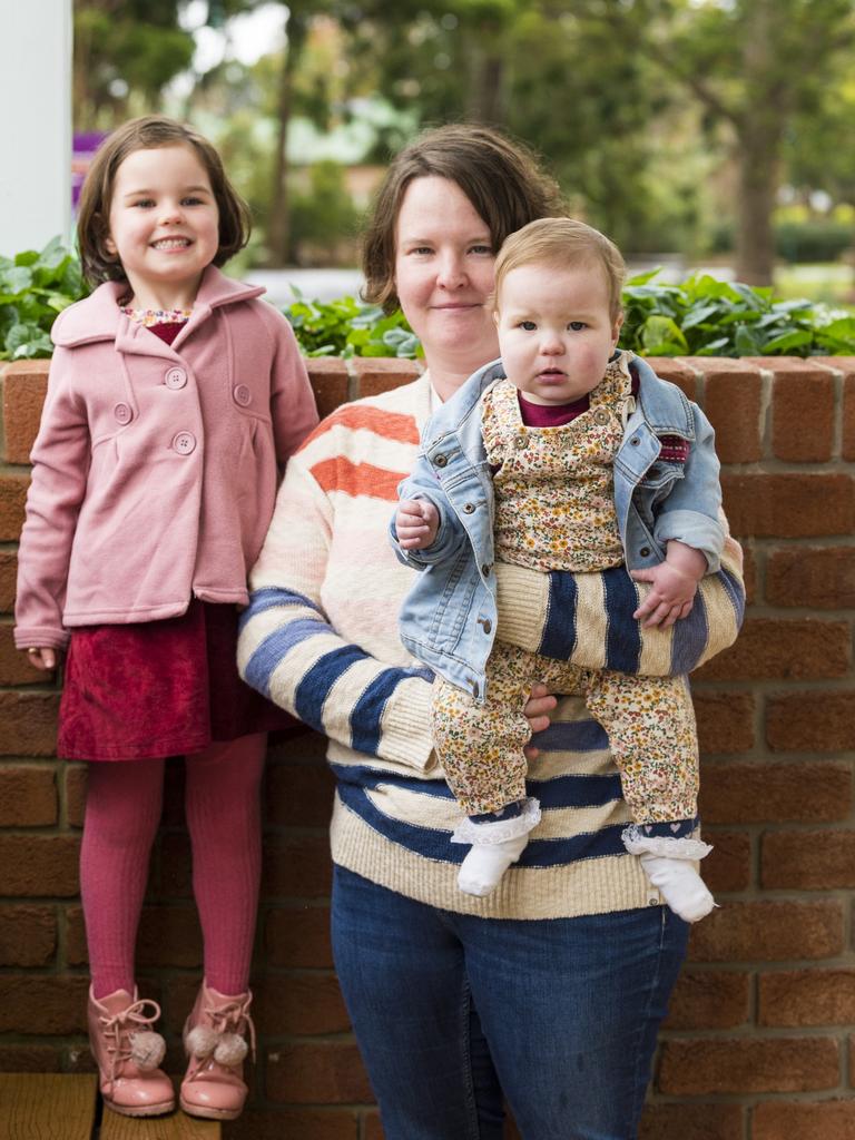 Local mum Louise Delahunty with daughters Winnie (left) and Dot, is asking Toowoomba Regional Council to reinstate the children’s programs and activities at the local library. Picture: Kevin Farmer