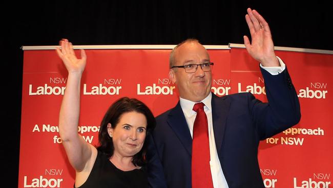 Luke Foley with his wife Edel after his 2015 election concession speech. Picture: Craig Greenhill