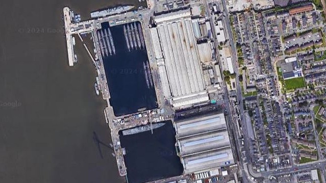 A satellite image shows some of the British Navy's yet-to-be disposed of decommissioned nuclear submarines, in storage at His Majesty’s Naval Base, Devonport. Picture: Google Maps