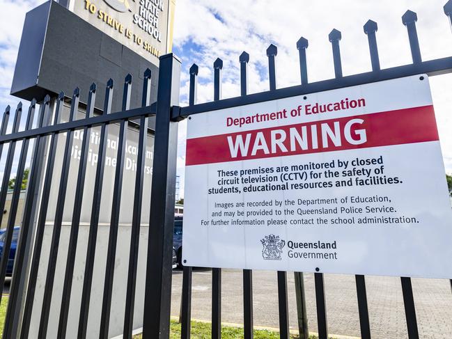 High security fences surround Kedron State High School.Schools have been installing tall, spiked security fences to help curb crime within school grounds after-hours.