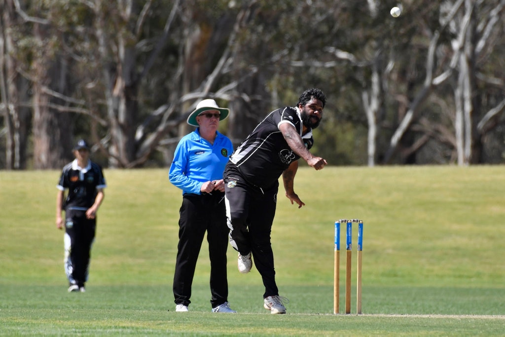 Kieren Gibbs bowls for George Banks Umbrellas against Liebke Lions in Darling Downs Bush Bash League (DDBBL) round five T20 cricket at Highfields Sport Park, Sunday, October 20, 2019. Picture: Kevin Farmer