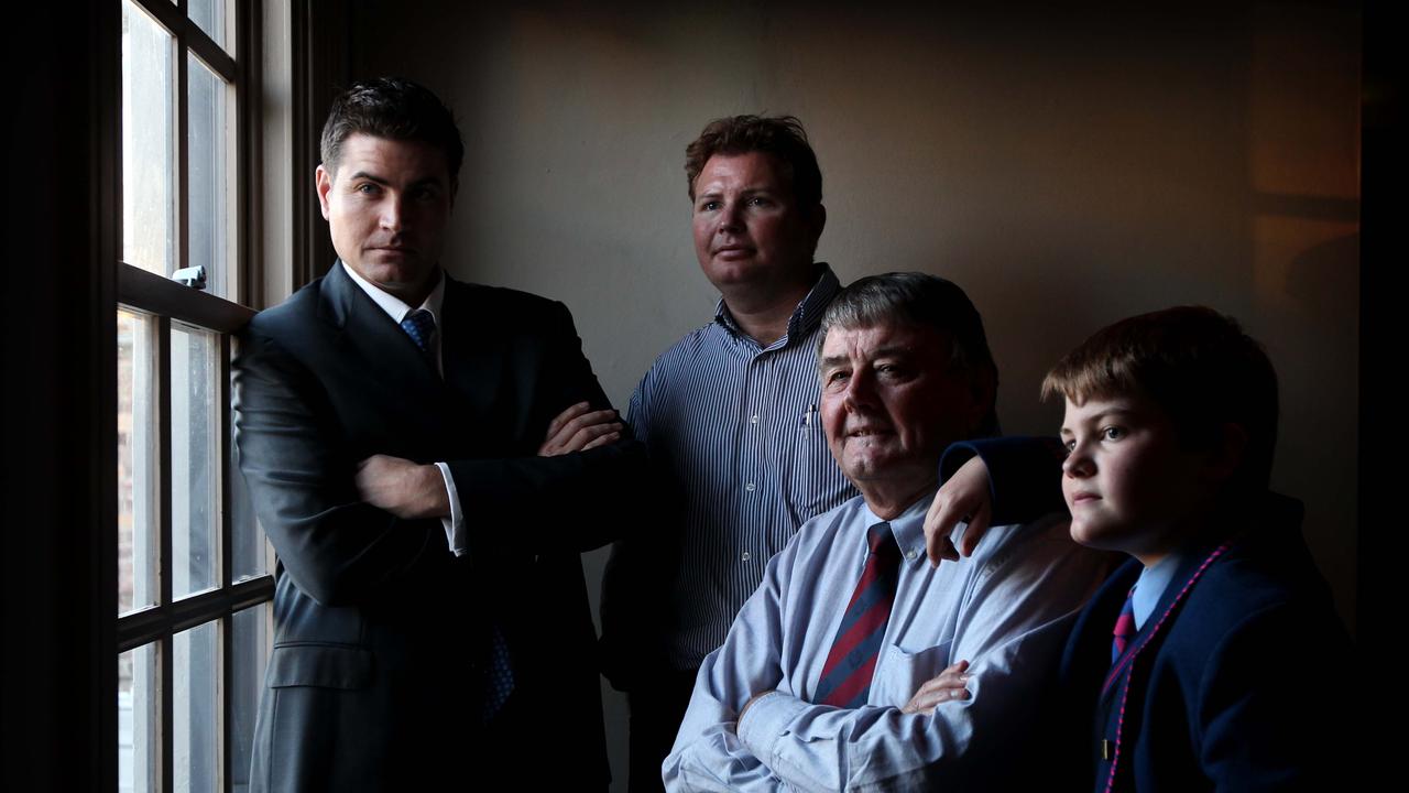 Publican Arthur Laundy with his two sons Craig and Stuart and Craig's son Charlie, pictured at the The Harlequin Hotel, Pyrmont, Sydney, NSW.