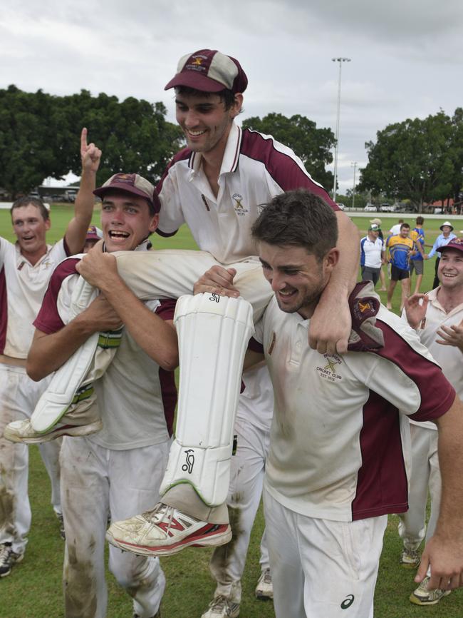 Brothers’ wicket-keeper Billy Kerr is chaired off the field after the side clinched the GDSC Premier League trophy at Ellem Oval in 2017. Photo: Matthew Elkerton / The Daily Examiner