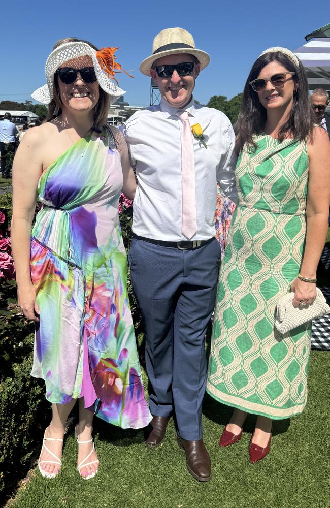 Amanda Ryan, Troy Ryan and Anna Horgan at the Melbourne Cup at Flemington Racecourse on November 5, 2024. Picture: Phillippa Butt