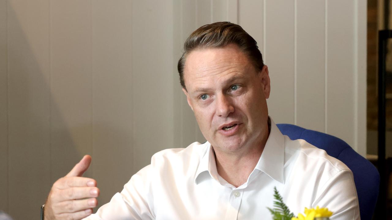 Brisbane Lord Mayor Adrian Schrinner sits down for High Steaks with Michael Madigan at Deery's Restaurant, Story Bridge Hotel. Picture: Steve Pohlner