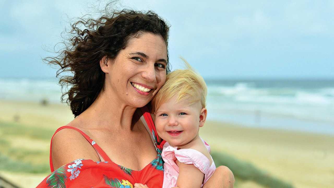 Letea Cavander with her daughter Tallulah Stuart at Coolum Beach. Picture: John McCutcheon