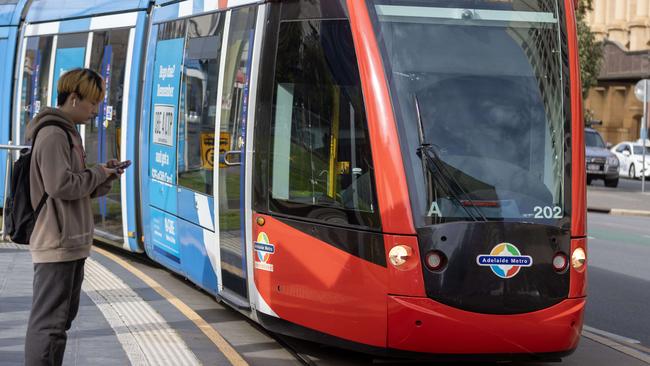 Commuters at the Victoria Square tram stop are warned to expect delays on Friday as tram drivers strike. Picture: NCA NewsWire / Kelly Barnes