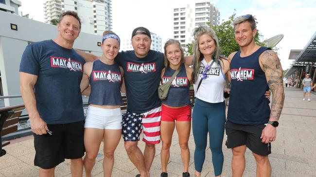 Tourists Pictured in the Broadbeach Mall not concerned about the virus and traveling. L-R From USA Matt Dettmann, Taylor Streid, Nick Colgin, Kristin Miller, Brittany Hill and Chase Hill. Pic Mike Batterham