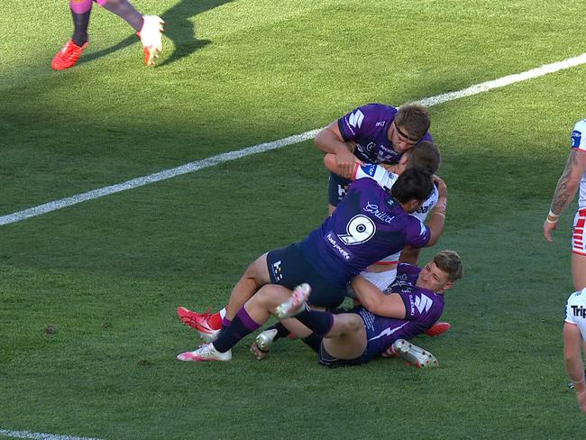 Storm player Max King's ugly tackle on Blake Lawrie.