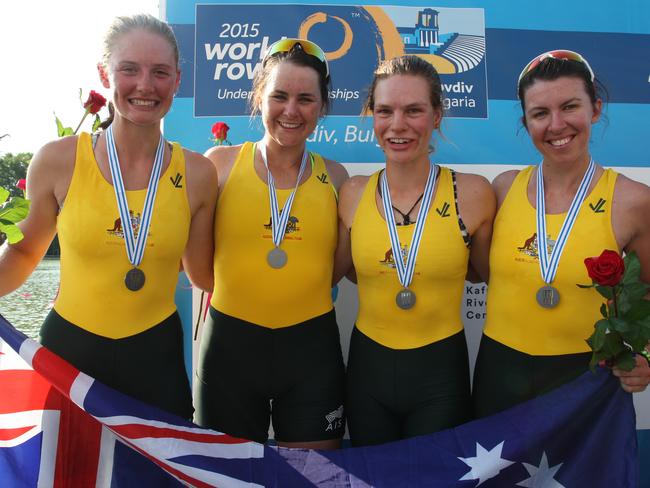 Georgie Gotch, far left, with her team mates after winning silver at the world championships last year. Picture: Supplied