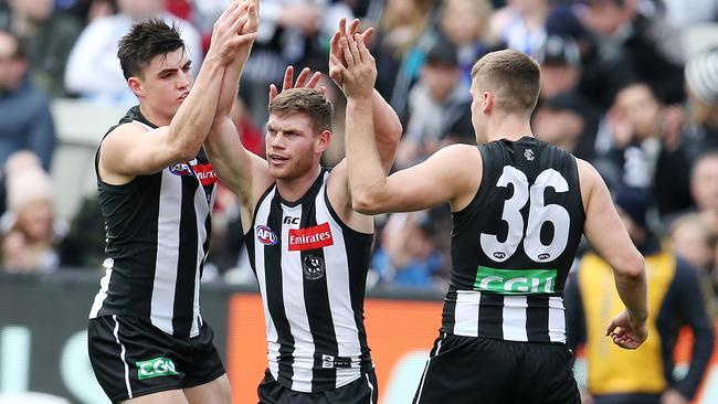 Taylor Adams celebrates a goal in Collingwood’s big win over North Melbourne. Picture: Michael Klein