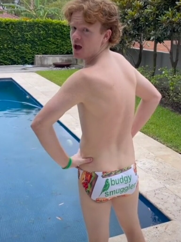 Aussie TikTok star Will Gribb showing off his new pair of Subway Budgy Smugglers. Picture: TikTok/will_yum_gibb