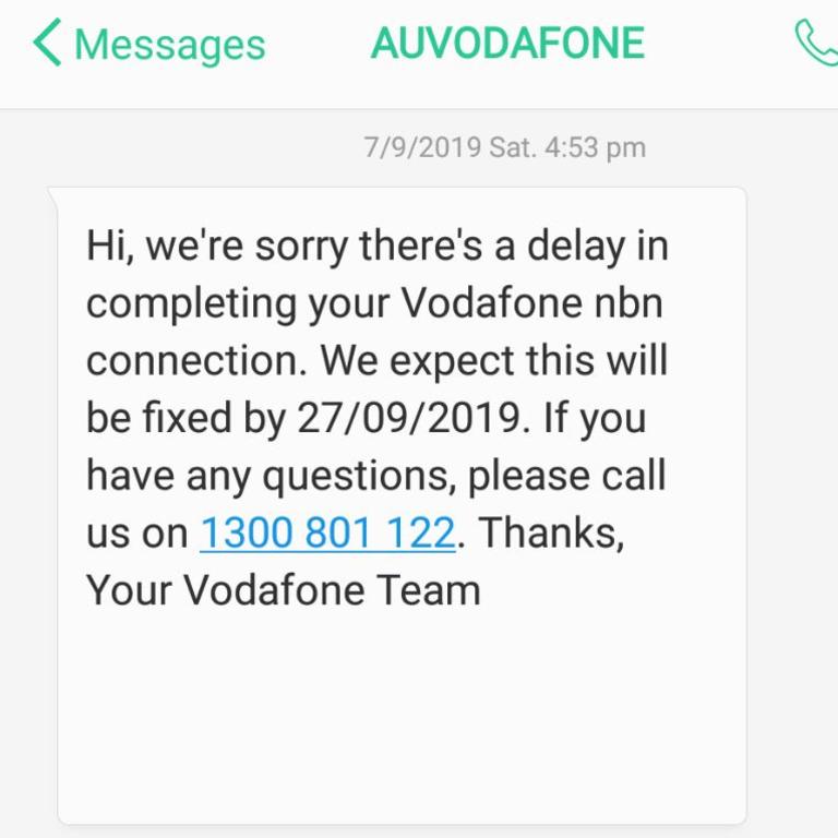 A screenshot of a text sent to a Vodafone NBN customer following a missed appointment.