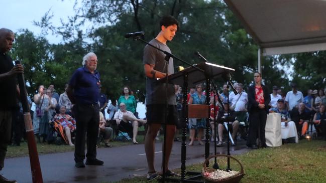 Larrakia man Lucas James addressing the early-morning crowd.