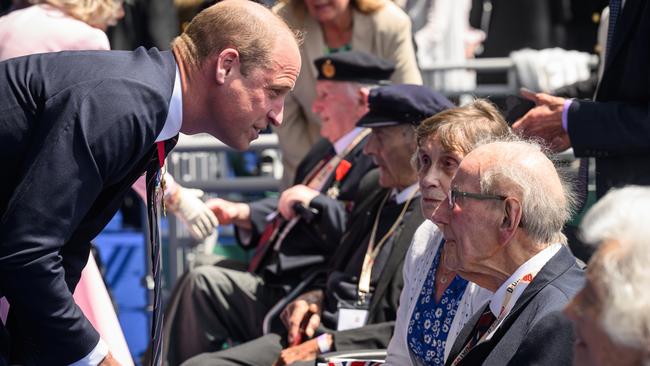 Prince William speaks with a D-Day veteran in Portsmouth, England. Picture: Getty Images.