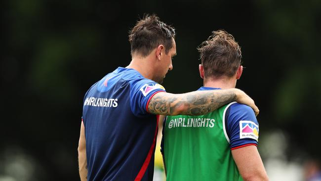 Mitchell Pearce during his first training session with his new club the Newcastle Knights. He will reunite with former Rooster Connor Watson. Picture: Brett Costello