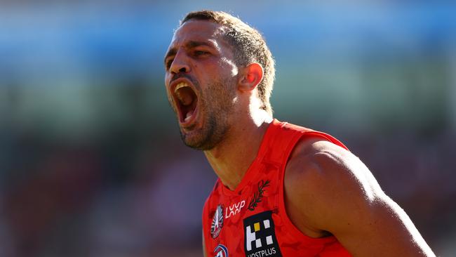 Ben Long of the Suns celebrates a goal during the round seven AFL match between Gold Coast Suns and Sydney Swans at People First Stadium. Picture: Chris Hyde/Getty Images
