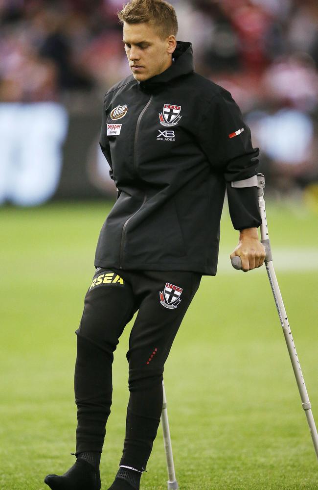 Jack Lonie was on crutches after injuring his knee in the first quarter of Saturday’s match. Picture: Michael Klein.