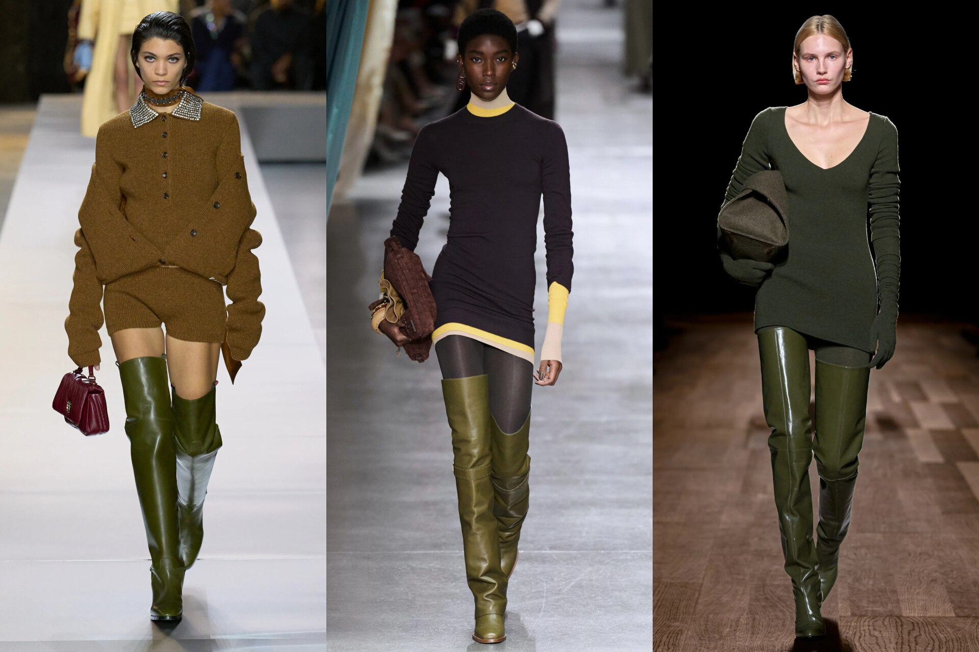 <p><i>Above (L-R): Gucci, Fendi, Ferragamo</i></p><h2><b>Thigh high</b></h2><p>We&rsquo;re used to seeing boots for autumn/winter, but this season, the imperative from Milan was quite the tall order. The boots at De Sarno&rsquo;s Gucci stretched well beyond the knee&mdash;perhaps to make up for a lack of pants. But such was also the case at Fendi and Ferragamo; even when hems weren&rsquo;t high, the boots reached for the sky, sheathing the leg. A significant portion arrived in moss green&mdash;further proof this was the shade of choice for the Italian style set. Make like the Milanese and put your best foot (and knee, and thigh) forward.</p>