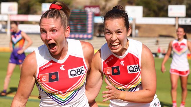 PERTH, AUSTRALIA - NOVEMBER 05: Lisa Steane of the Swans and Aimee Whelan of the Swans react after the win during the round 10 AFLW match between Fremantle Dockers and Sydney Swans at Fremantle Oval, on November 05, 2023, in Perth, Australia. (Photo by James Worsfold/AFL Photos/Getty Images)