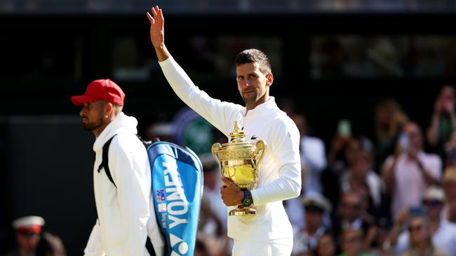 Novak Djokovic after defeating Nick Kyrgios at Wimbledon. Picture: Clive Brunskill/Getty Images