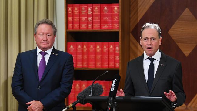 Andrew Forrest and Greg Hunt in Melbourne last week. Picture: AAP