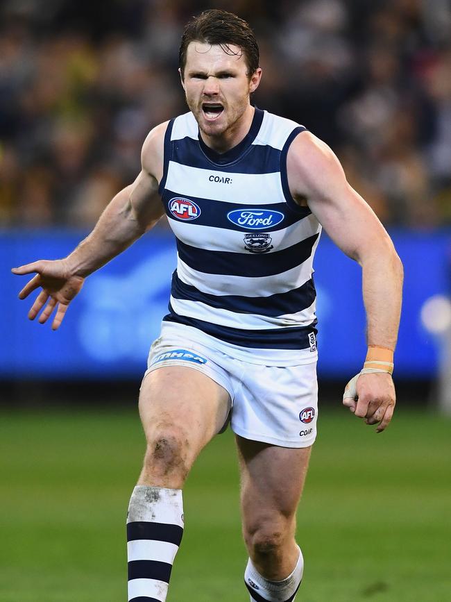 Geelong’s Patrick Dangerfield celebrates a goal during the second qualifying final against the Richmond Tigers at MCG. Picture: Quinn Rooney/Getty