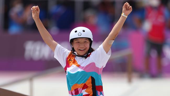 Momiji Nishiya of Team Japan celebrates during the Women's Street Final. Picture: Getty Images