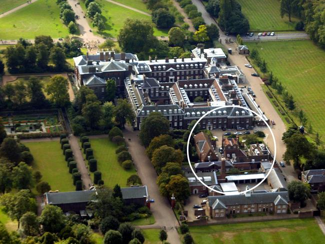 An aerial view of Kensington Palace. Circled is Nottingham Cottage, where Harry and Meghan have been living. Picture: Getty Images