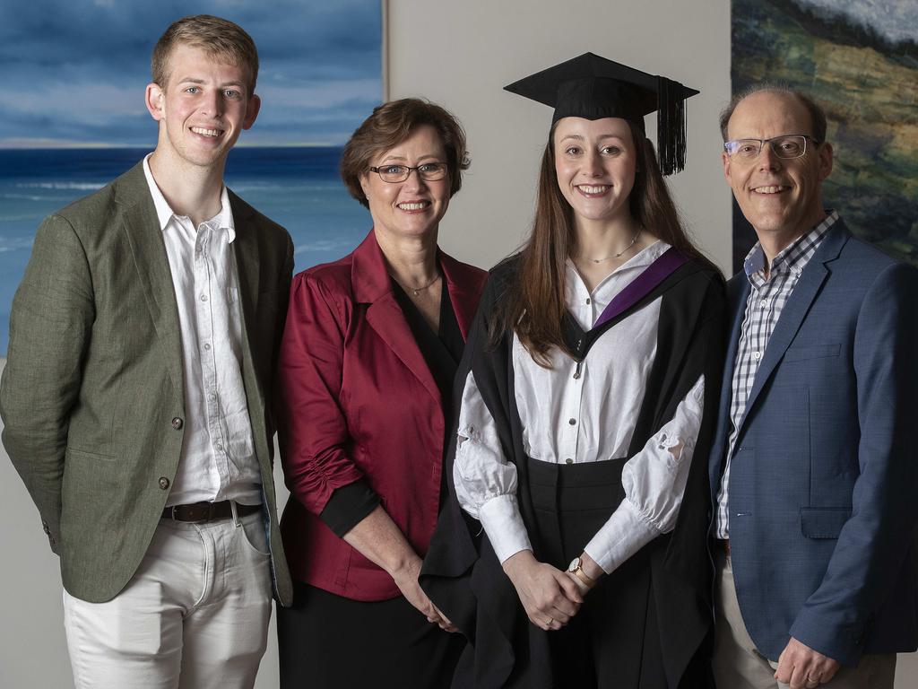 UTAS Graduation at the Hotel Grand Chancellor Hobart, Liam McLaren of Hobart, Karen Hutt of Launceston, Stephanie Hutt of Hobart and Kevin Hutt of Launceston. Picture: Chris Kidd