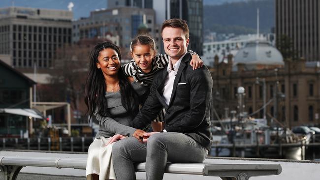 Bachelor in Paradise Hobart couple, Mary Vituriono and Conor Canning with Mary's daughter Chanel Baxter, 6. Picture: Zak Simmonds