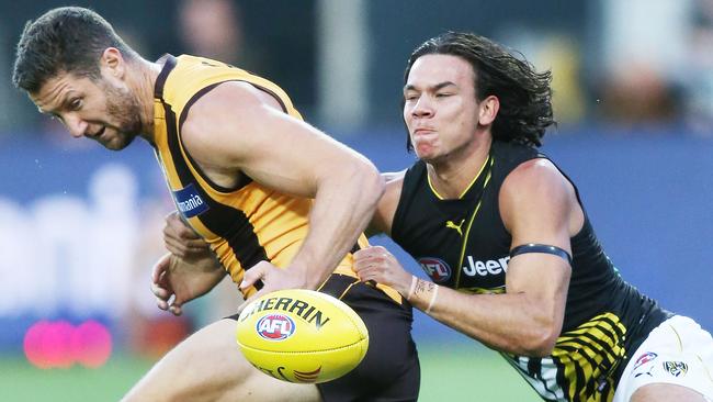 Hawk James Frawley gave away a double-50 against the Tigers. Picture: Getty