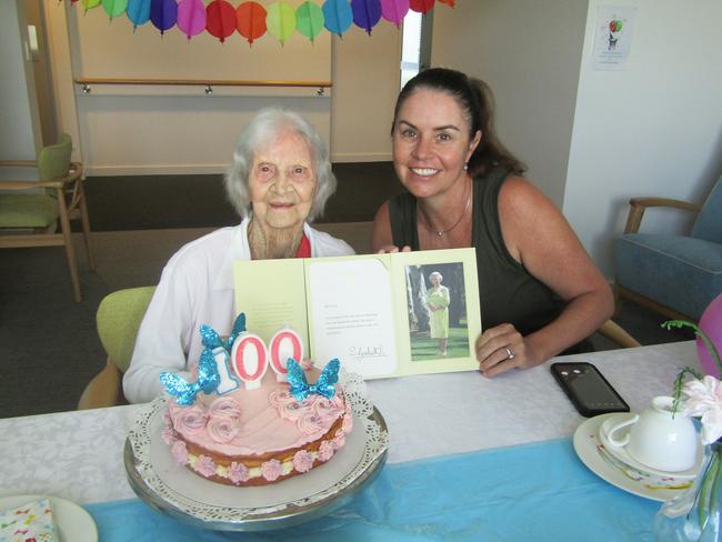 CENTENARIAN: Carinity Cedarbrook resident Gwen Cook and granddaughter Lisa Wappett with a letter from the Queen for Gwen's 100th birthday.