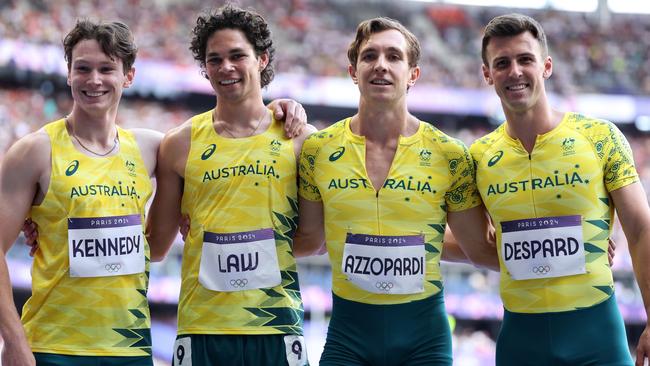 PARIS, FRANCE - AUGUST 08: Lachland Kennedy, Calab Law, Joshua Azzopardi and Jacob Despard of Team Australia pose for a photo prior to the Men's 4 x 100m Relay on day thirteen of the Olympic Games Paris 2024 at Stade de France on August 08, 2024 in Paris, France. (Photo by Hannah Peters/Getty Images)