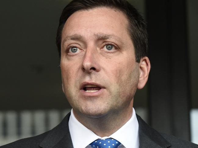 MELBOURNE, AUSTRALIA - NewsWire Photos AUGUST 4, 2022: Victorian Opposition Leader Matthew Guy is grilled my reporters at Parliament House in Melbourne about his involvement in a Liberal Party donor scandal. Picture: NCA NewsWire / Andrew Henshaw