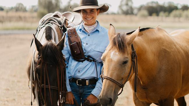 Sarah Wheeler has completed an epic nine-month horseback ride with her cherished horses, Sally and Shifty, to raise awareness and funds for upper GI cancers after the loss of both her parents. Picture: Georgia Redden