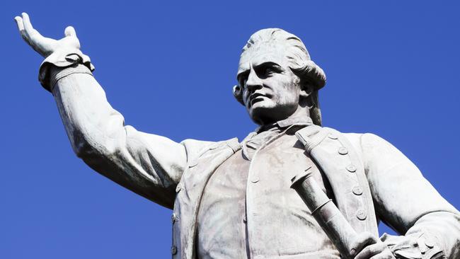 A low angle view of bronze statue Captain James Cook, The explorer, by sculptor Thomas Woolner 1879 in Sydney’s Hyde Park. Picture: Istock