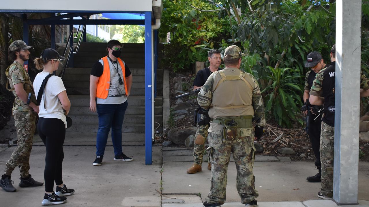 Members of the blue squad being told they have unlimited respawn abilities as part of Mackay Urban Gelsoft Games event at Mackay North State High School. Photo: Janessa Ekert